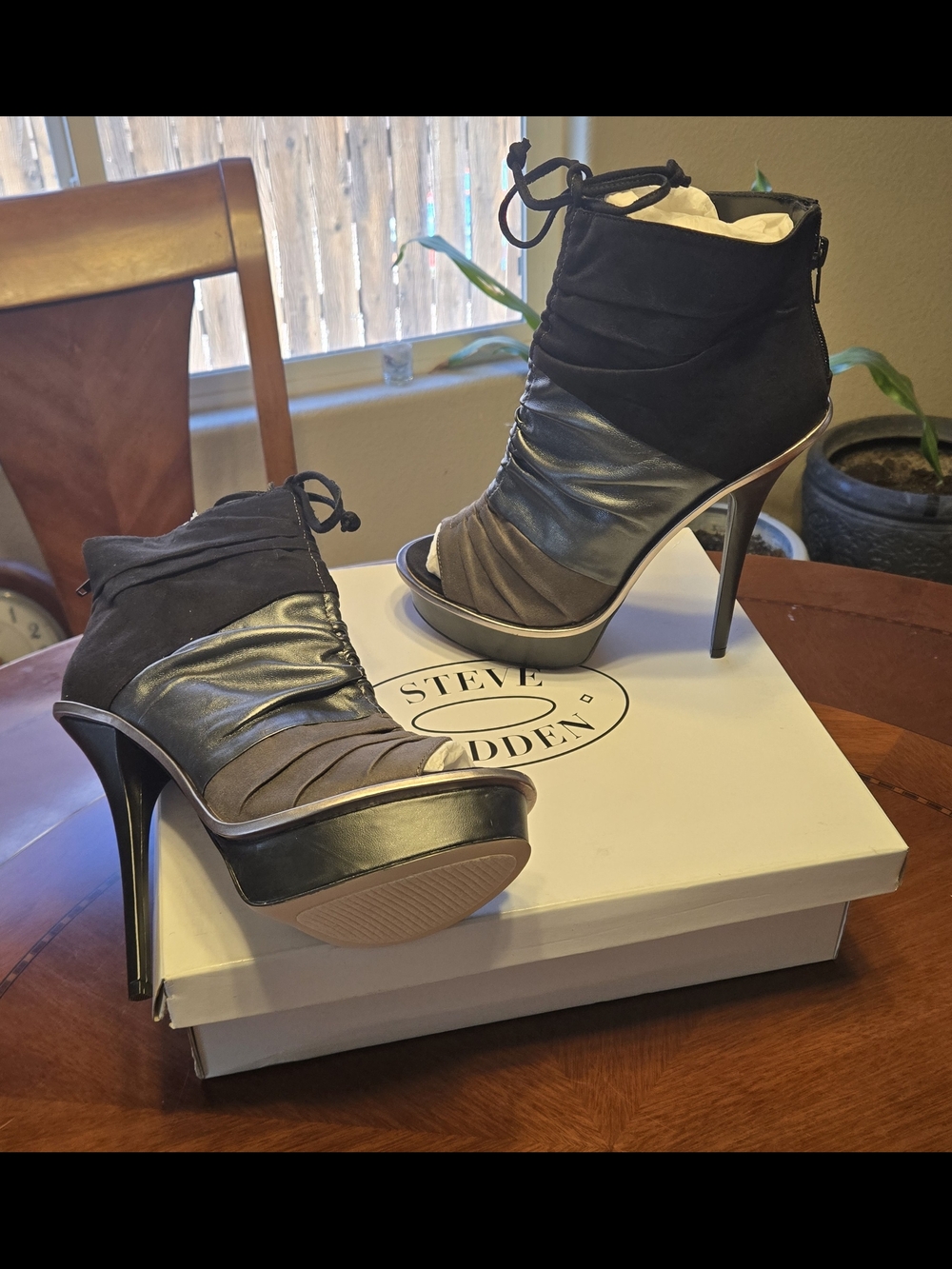 Steve Madden Black and Gray Peep-Toe Lace-Up Platform Booties